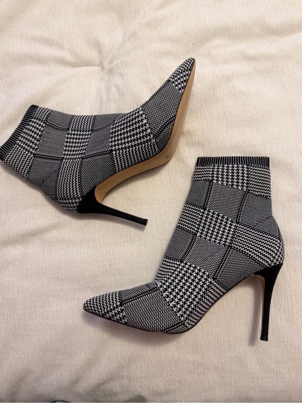 Something Navy Black and White Plaid Pointed Toe Stiletto Ankle Boots